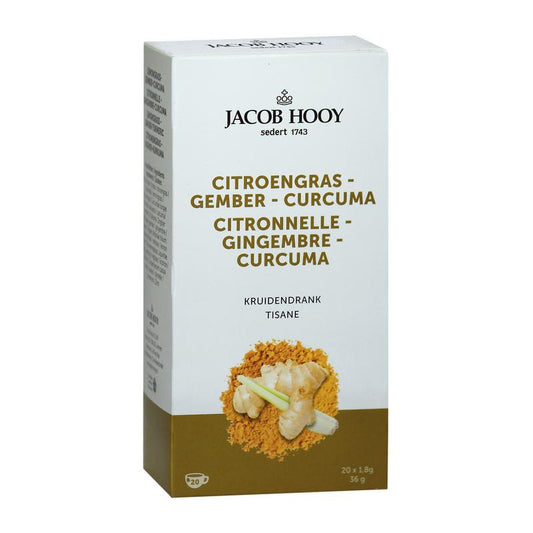 Jacob Hooy Citroengras, gember en kurkuma thee in een pak met 20 zakjes, klaar voor een verfrissend en verwarmend drankje.