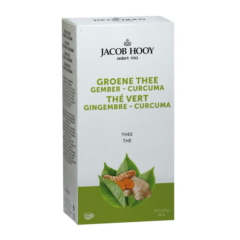 Jacob Hooy ginger turmeric green tea in a box, featuring 20 tea bags, with fresh ginger and turmeric visible in the image.