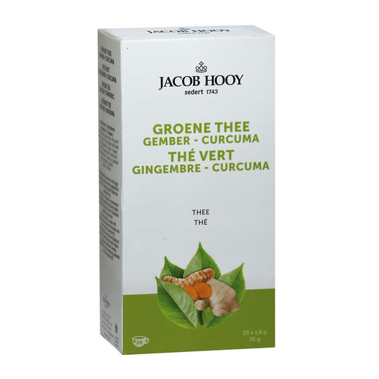 Jacob Hooy ginger turmeric green tea in a box, featuring 20 tea bags, with fresh ginger and turmeric visible in the image.