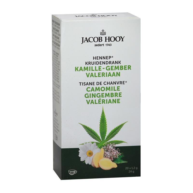 Jacob Hooy herbal tea with hemp, chamomile, ginger, and valerian in a 20-pack, featuring tea bags and natural ingredients.