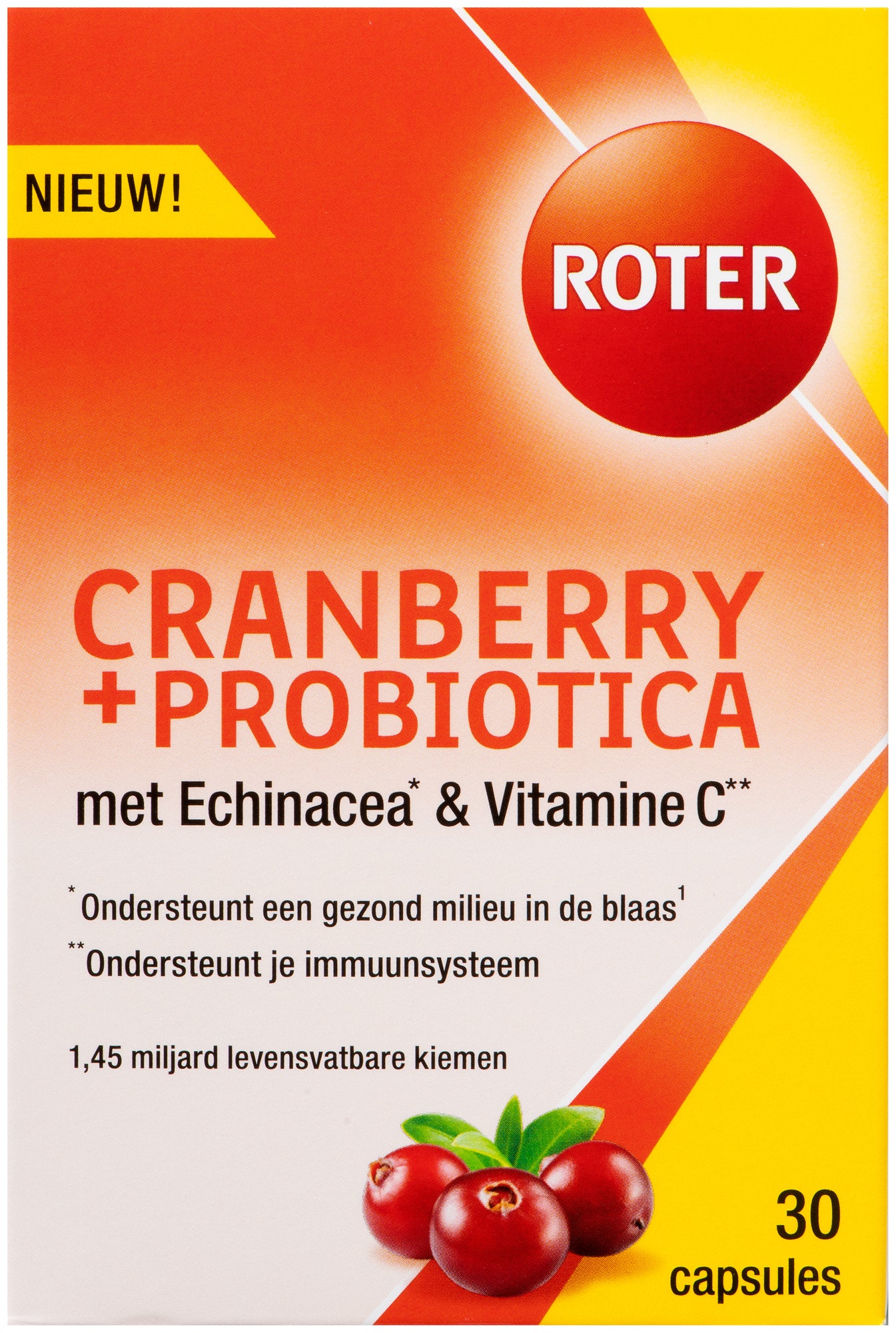 Roter Cranberry and probiotic herbal supplement capsules, 30-count, in clear bottle with label, natural health product.