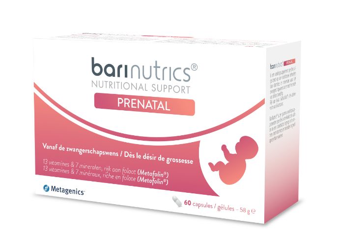Barinutrics Prenatal multi-vitamin capsules, 60-count bottle, showing the supplement capsules and label.