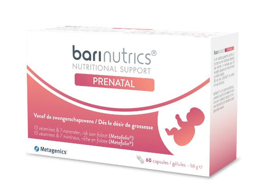 Barinutrics Prenatal multi-vitamin capsules, 60-count bottle, showing the supplement capsules and label.