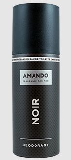 Amando Deodorant Spray Noir 150ml bottle with black and silver packaging, designed for freshening and odor protection.