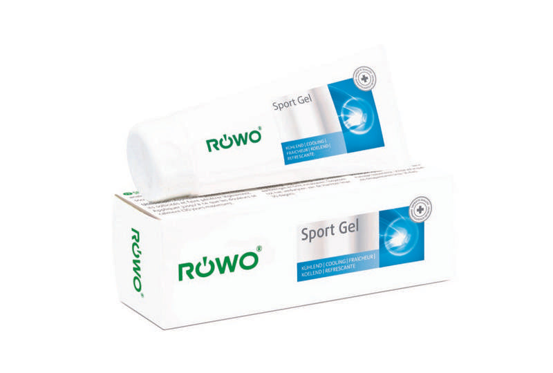 Rowo Sportgel in 100ml tube for muscle and joint pain relief, showing the gel being applied to the skin.