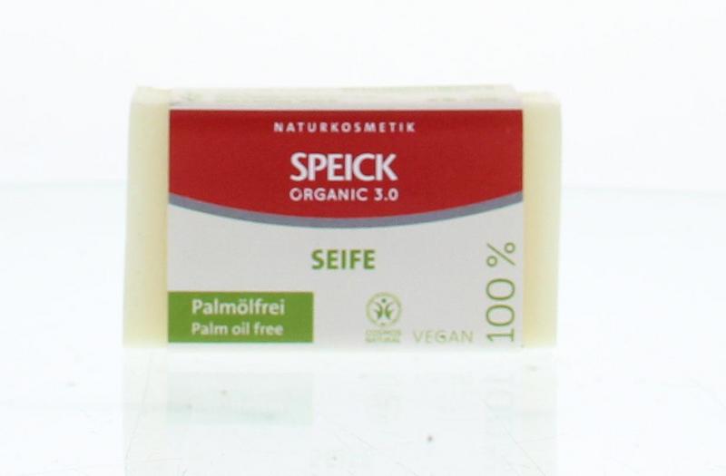 Speick Palmolie vrije zeep in 80g bar with natural ingredients and simple packaging, showcasing the soap's smooth surface.