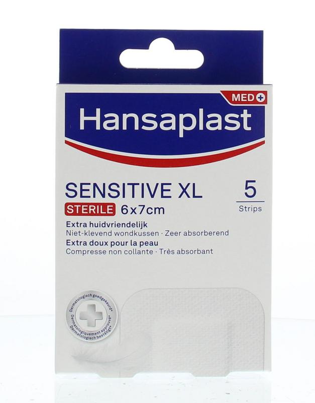 Hansaplast Sensitive XL bandages in a pack of 5, featuring soft, skin-friendly adhesive for sensitive skin on a white background.