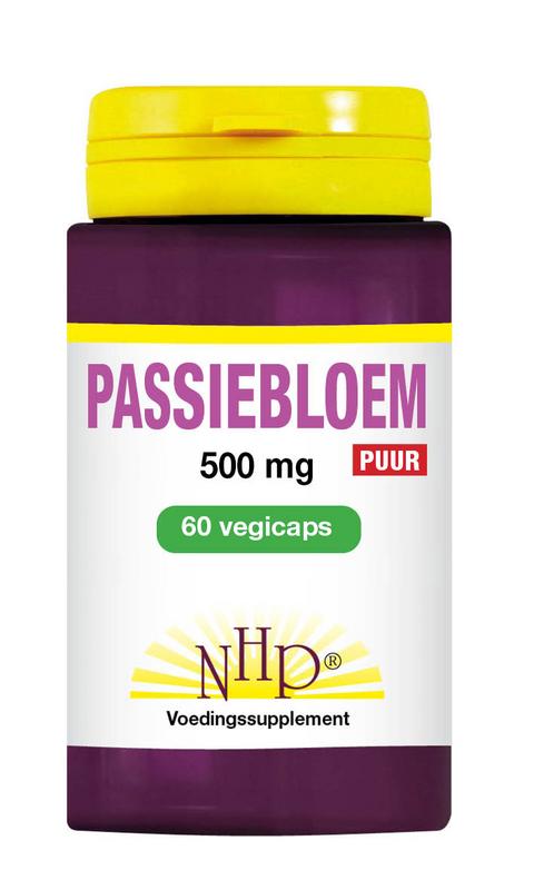 NHP Passiebloem puur vegetarian capsules in a bottle, showing the herbal supplement packaging and capsules.
