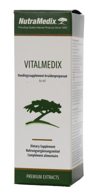 Nutramedix Vitalmedix herbal supplement bottle, 60ml, in a brown glass container with a white label for natural herbal remedies.