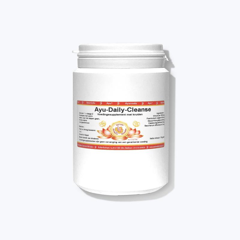 Ayurveda BR daily cleanse herbal supplement, Kruidenpreparaten, in a 70g package with dried herbs and natural ingredients.