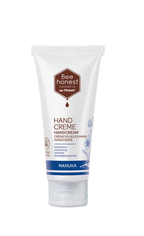 Traay Bee Honest Manuka Handcreme in 50ml tube, moisturizing hand care product with natural ingredients, displayed in the image.