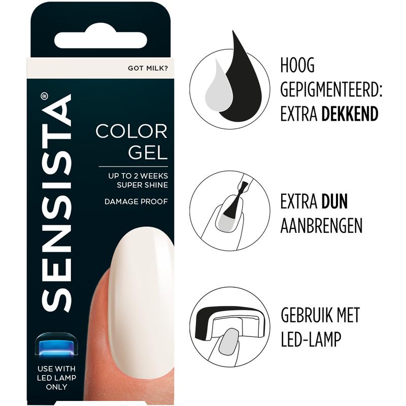 Sensista Color Gel Got Milk makeup product in 7.5ml, showing a white gel container with the Sensista branding.