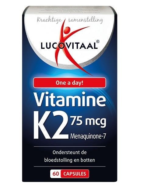 Lucovitaal Vitamine K2 75mcg capsules, close-up of the bottle with 60 capsules, dietary supplement for bone health