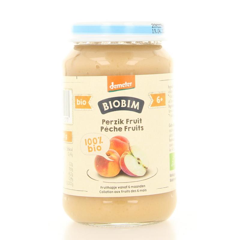 Biobim Perzik fruit baby food in 190g jar, Demeter biodynamic organic peach puree for infants and toddlers.