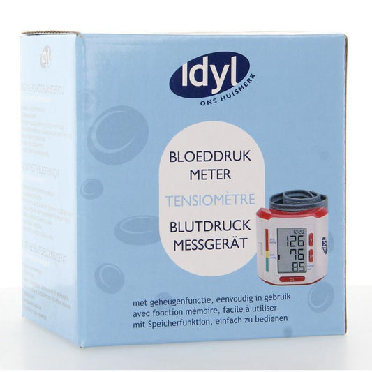Idyl blood pressure monitor for wrist, NL-FR-DE, with cuff, showing device and cuff in use for accurate blood pressure measurement.