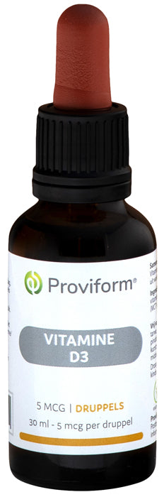 Proviform Vitamin D3 5mcg drops in a 30ml bottle, showing the clear liquid and dropper for supplement intake.