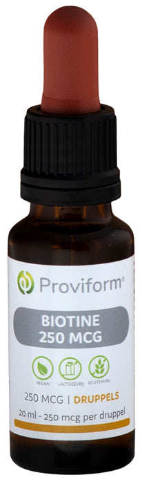 Proviform Biotine 250mcg vitamin drops in a 20ml bottle, natural supplement for hair, skin, and nail health.