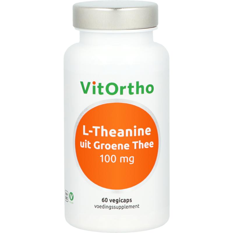 VitOrtho L-Theanine green tea capsules, 100mg, vegetarian amino acids supplement, shown in the image.