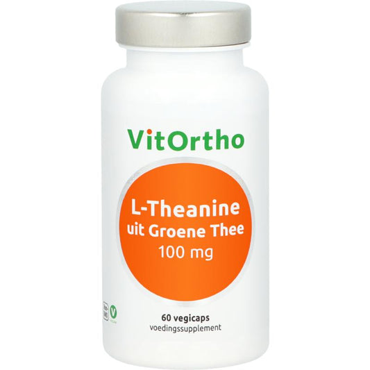 VitOrtho L-Theanine green tea capsules, 100mg, vegetarian amino acids supplement, shown in the image.