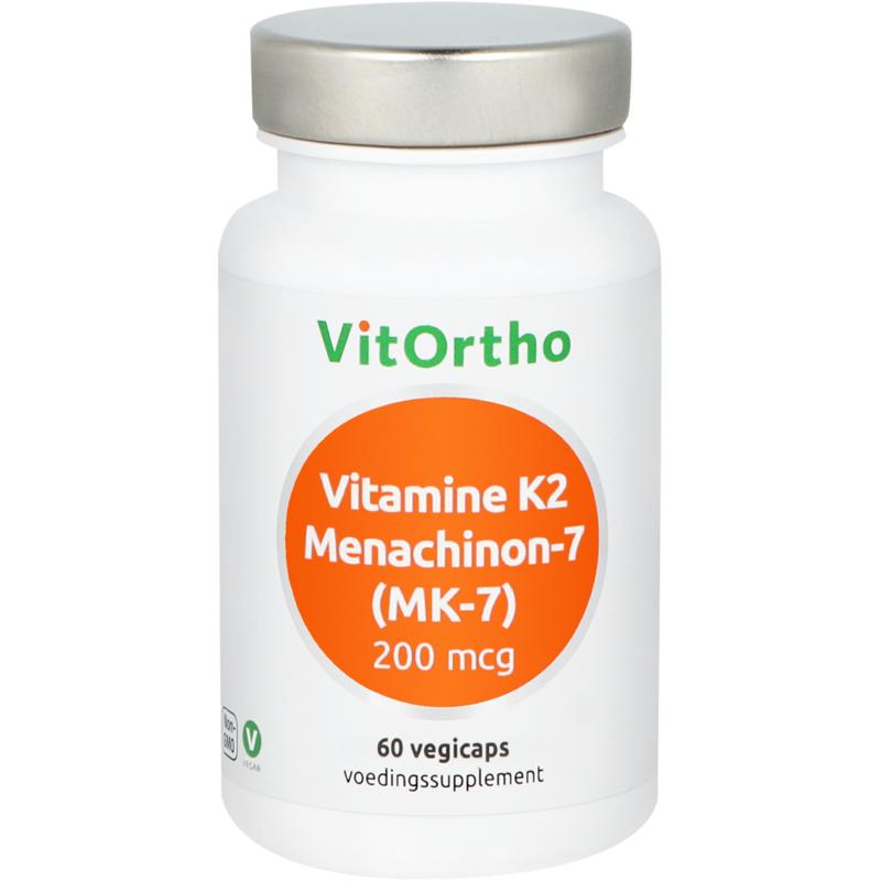 VitOrtho Vitamin K2 Menachinon 7 200mcg vegetarian capsules, showing the bottle and capsules.