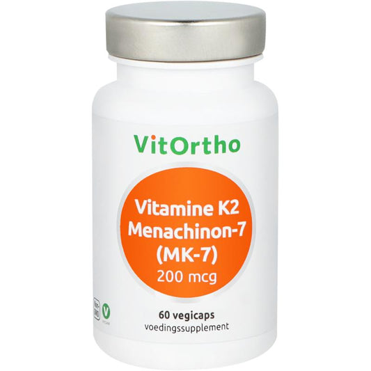 VitOrtho Vitamin K2 Menachinon 7 200mcg vegetarian capsules, showing the bottle and capsules.
