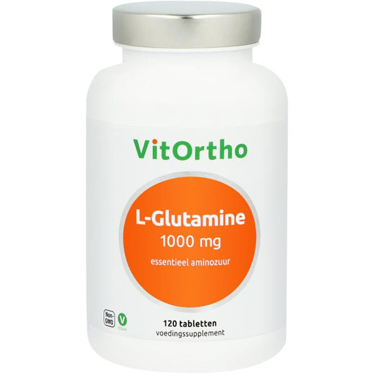 VitOrtho L-Glutamine 1000mg amino acid tablets, 120 count, dietary supplement for muscle recovery and gut health.