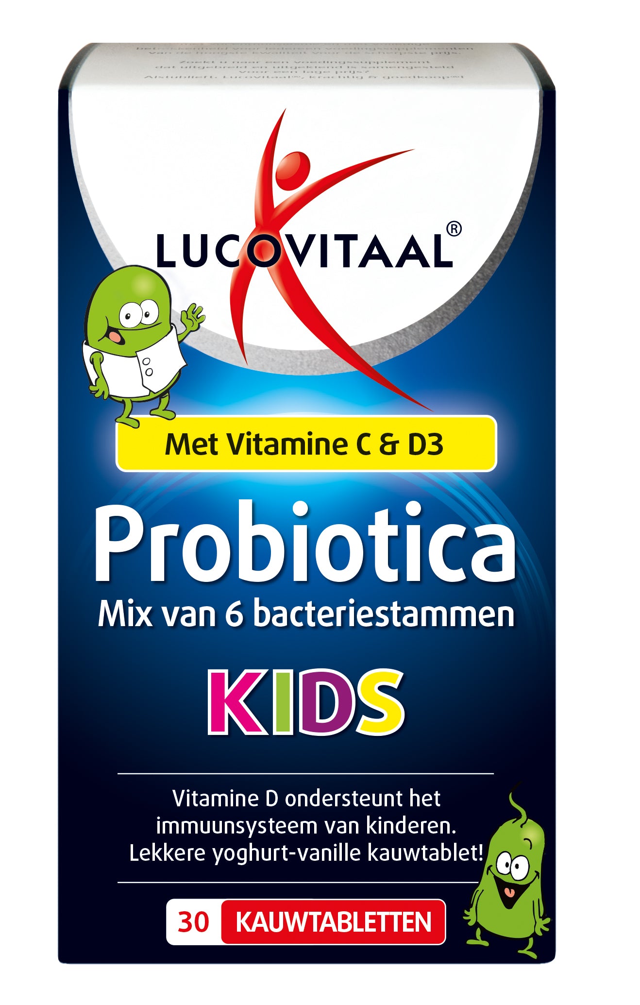 Lucovitaal Probiotica Kids chewable tablets with micro-organisms, showing colorful, kid-friendly probiotic supplement tablets.