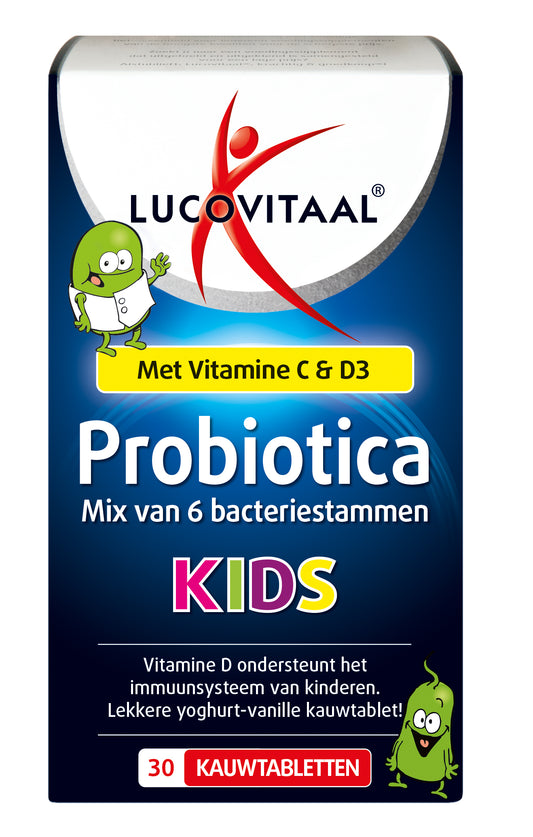 Lucovitaal Probiotica Kids chewable tablets with micro-organisms, showing colorful, kid-friendly probiotic supplement tablets.