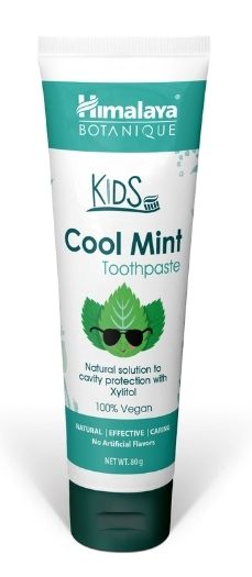 Himalaya Botanique kids bubble mint toothpaste in 80g tube showing colorful packaging and toothpaste tube with bubble mint flavor.