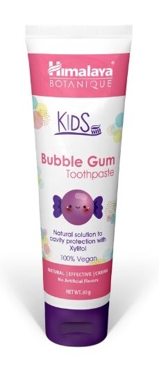 Himalaya Botanique Kids Bubble Gum Toothpaste in 80g tube, featuring colorful packaging and cartoon bubble gum flavor design.