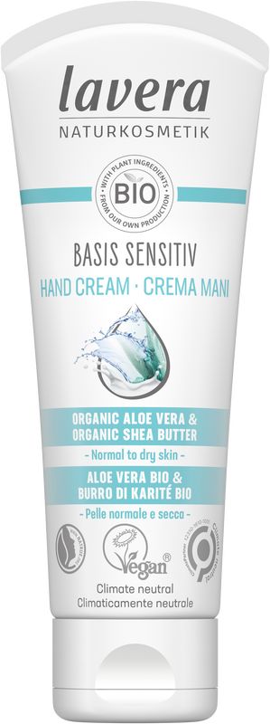 Lavera Basis Sensitiv hand cream in 75ml tube, moisturizing hand care with organic ingredients, gentle for sensitive skin