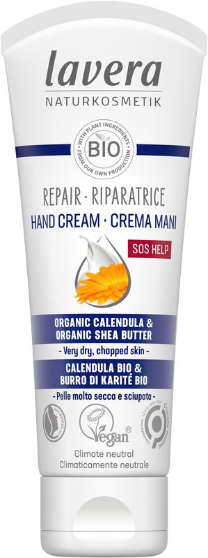 Lavera Handcreme repair bio in 75ml tube, nourishing hand care with natural ingredients, suitable for dry or sensitive skin.