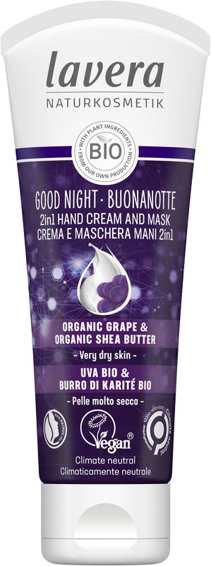 Lavera Good Night 2-in-1 hand cream and mask in 75ml tube, hydrating hand care and overnight treatment.