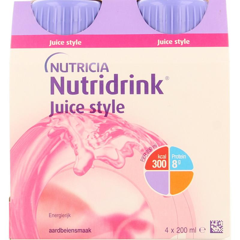 Nutridrink Juice Style aardbei 200ml drink bottles, strawberry flavor, 4-pack, in a retail display.