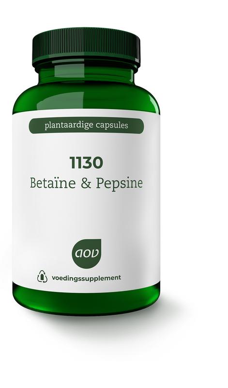 AOV 1130 Betaine Pepsine vegetarian capsules, dietary fiber and enzyme supplement, shown in a clear bottle with capsules inside.