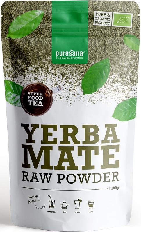 Purasana Yerba Mate tea powder in a 100g vegan organic raw superfoods package, showing the green herbal powder in a jar.