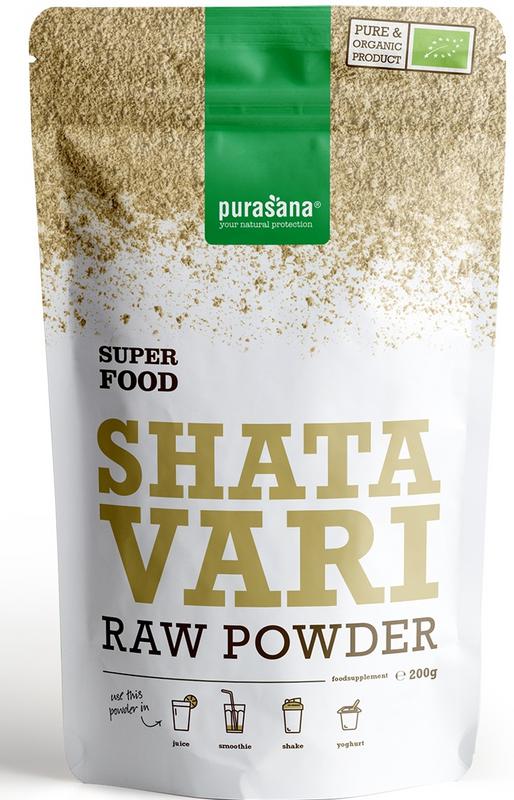 Purasana vegan bio Shatavari powder in a 200g package, natural herbal supplement for wellness and hormonal balance.
