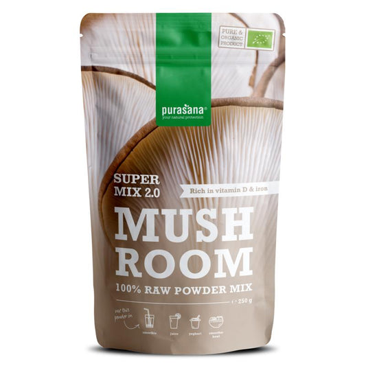 Purasana Mushroom Mix 2.0 vegan bio superfood in 250g package, featuring various raw mushroom varieties for health and wellness.