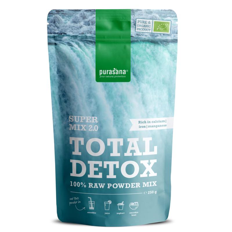 Purasana Total Detox Mix 2.0 vegan bio superfoods in a 250g package, featuring raw organic ingredients for health and detox support.
