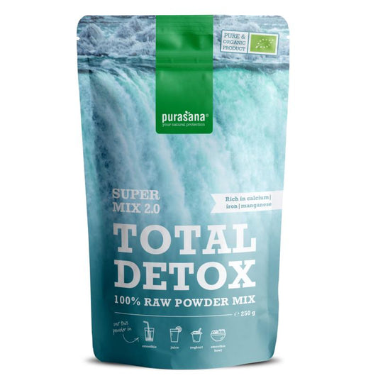 Purasana Total Detox Mix 2.0 vegan bio superfoods in a 250g package, featuring raw organic ingredients for health and detox support.