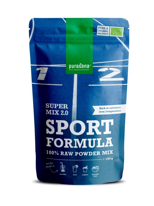 Purasana Sport Formula Mix 2.0 vegan bio superfoods in a 250g bag, featuring raw and organic ingredients for athletic support.