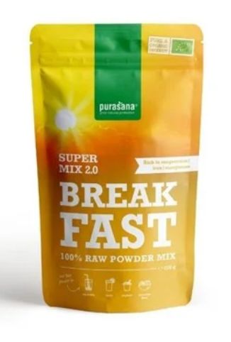 Purasana Breakfast Mix 2.0 vegan bio superfoods in 250g package, raw and nutrient-rich natural food blend.
