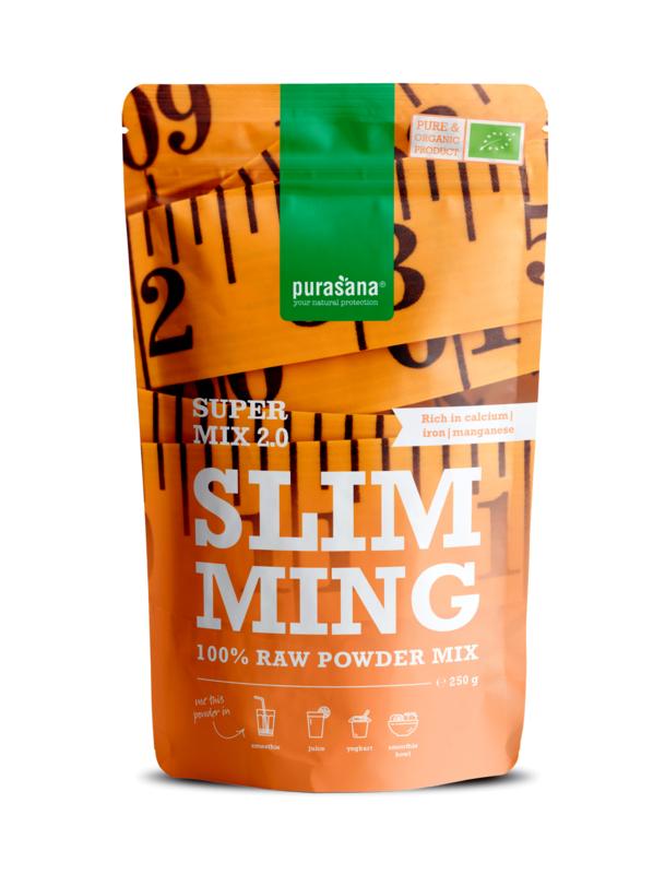 Purasana Slimming Mix 2.0 vegan bio superfood in 250g package, raw and natural dietary supplement with fresh ingredients.