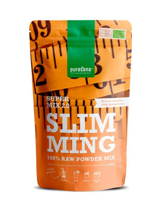 Purasana Slimming Mix 2.0 vegan bio superfood in 250g package, raw and natural dietary supplement with fresh ingredients.