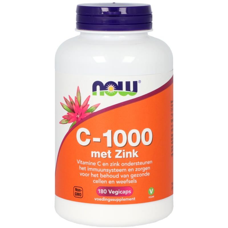 NOW C-1000 with Zinc vegetarian capsules, dietary supplement for immune support, shown in a bottle with capsules.
