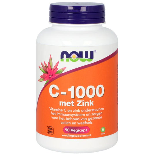NOW C-1000 with Zinc vegetarian capsules, colorful supplement bottle with white label and capsule images.