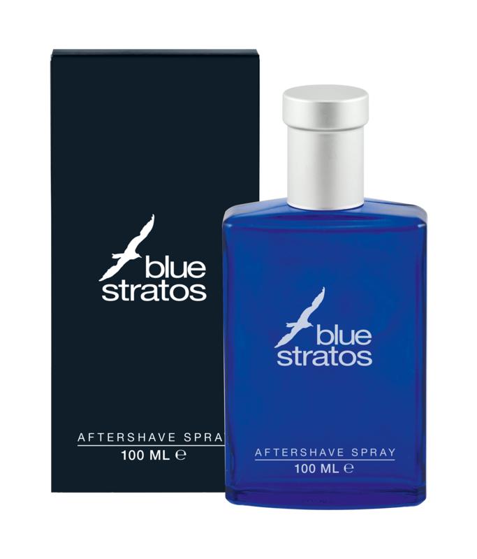 Blue Stratos aftershave and vapor bottle, 100ml, for grooming and shaving aftercare, with blue packaging.