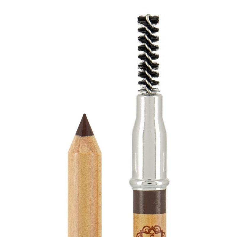 Boho Green Makeup brow pencil in shade 03 Brun, natural makeup look, featuring a green packaging design and product tip visible.