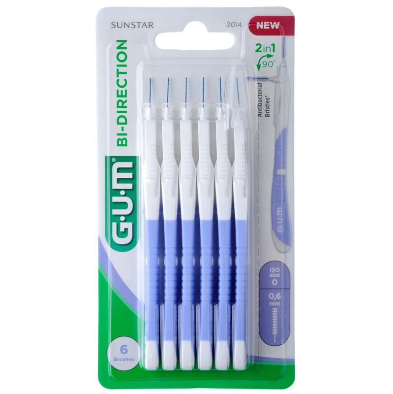 GUM bi-directional 0.6mm dental flossers and interdental cleaners, set of 6, for effective plaque removal and oral hygiene.