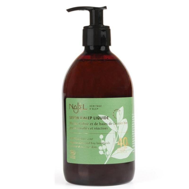 Najel Aleppo liquid soap with laurel in a 500ml pump bottle, featuring a clear container and a white pump dispenser.